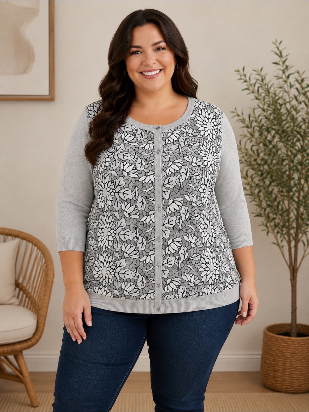 CJ Banks 2X Gray White Floral Button Front Cardigan Sweater Feminine Classic